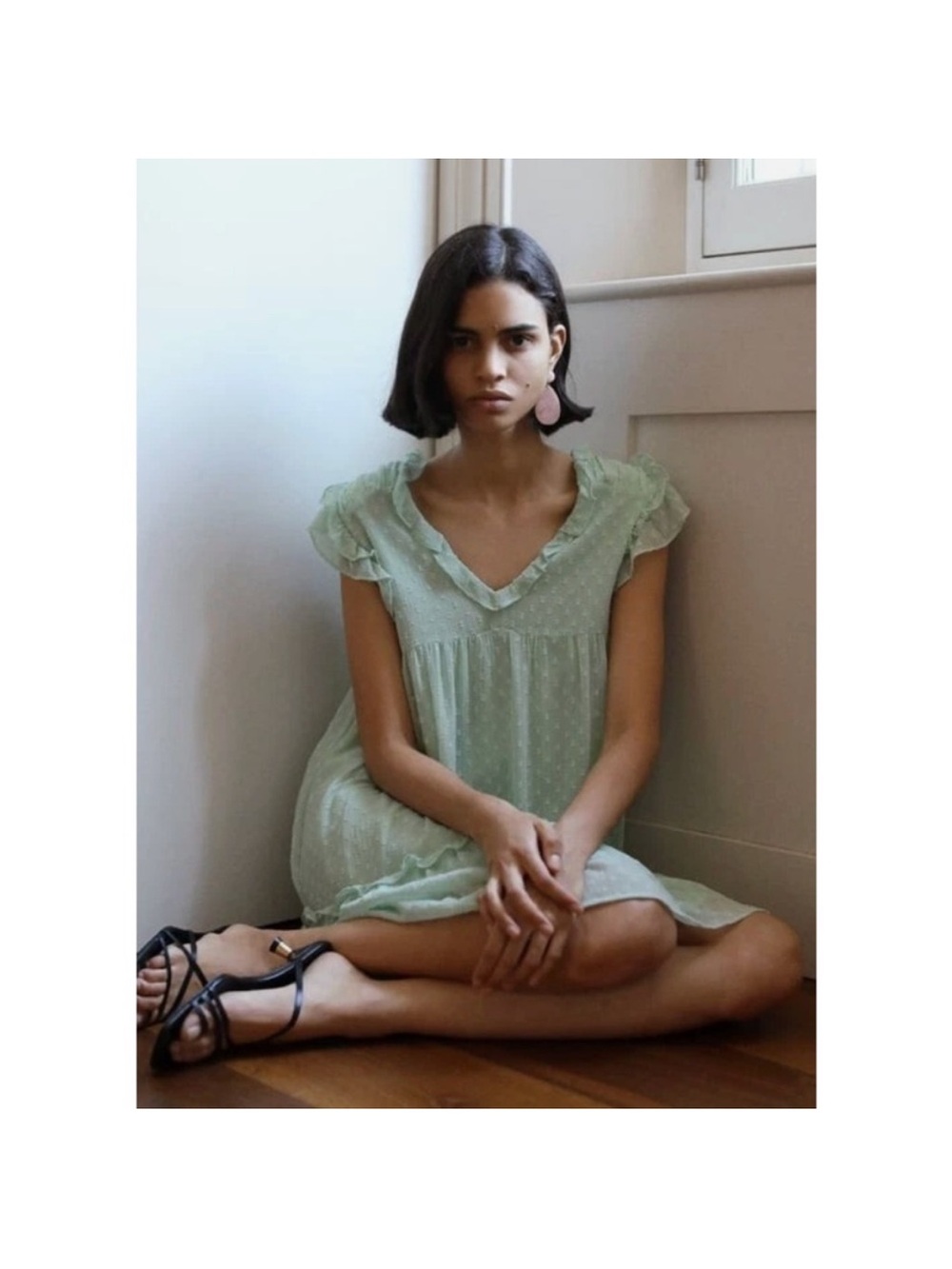 Zara pastel green babydoll tiered Swiss dotted mini dress XS